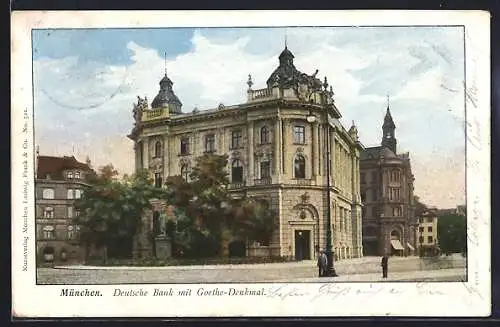 AK München, Deutsche Bank mit Goethe-Denkmal