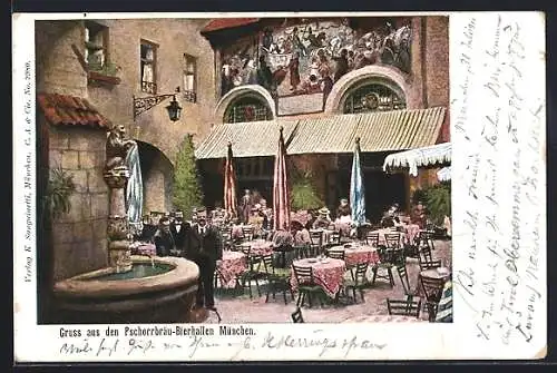 AK München, Restaurant Pschorrbräu-Bierhallen mit Brunnen und Gästen