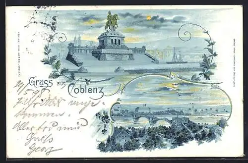 Lithographie Coblenz, Denkmal und Gesamtansicht