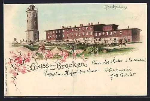 Lithographie Brocken, Brockenhaus und Aussichtsturm, beleuchtete Fenster