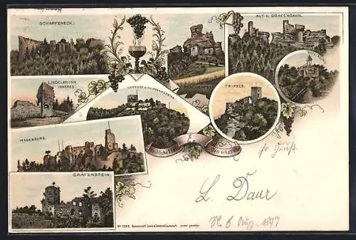 Lithographie Klingenmünster, Drachenfels, Trifels, Wegelnburg