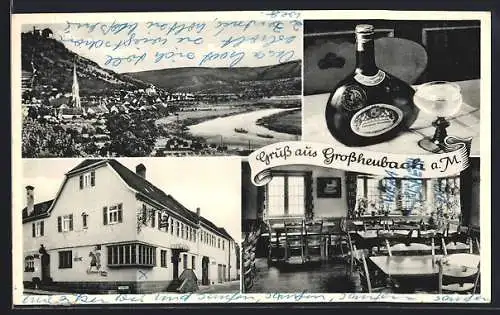 AK Grossheubach a.M., Gasthaus Krone, Innenansicht Speisesaal, Weinflasche