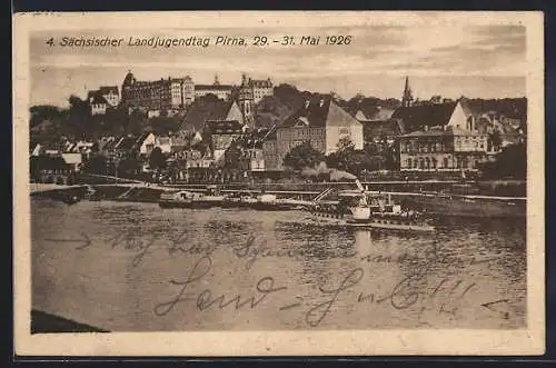 AK Pirna, 4. Sächsischer Landjugendtag 29.-31. Mai 1926, Ortsansicht mit Dampfer