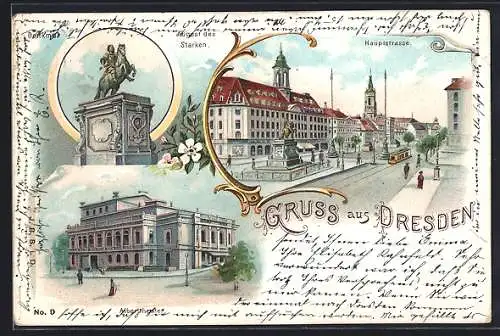 Lithographie Dresden-Neustadt, Alberttheater, August des Starken-Denkmal, Hauptstrasse mit Strassenbahn