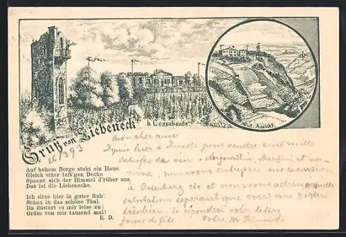 Künstler-AK Liebeneck b. Cossebaude, Ortsansicht im Passepartout und West. Ansicht