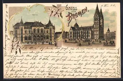 Lithographie Bremen, Dom, Börse im Passepartout