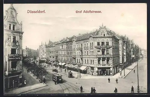 AK Düsseldorf, Graf Adolfstrasse, Strassenbahn und Kutschen
