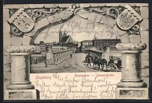 Lithographie Magdeburg, Strombrücke und Johanniskirche, Wappen, Passepartout