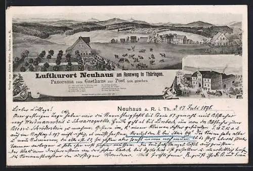 Lithographie Neuhaus a. Rennweg, Panorama vom Gasthaus zur Post aus gesehen