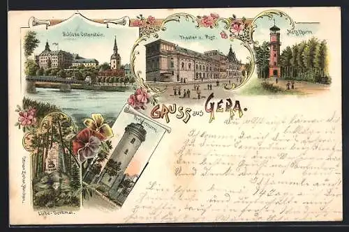 Lithographie Gera, Schloss Osterstein, Theater & Post, Metzthurm, Liebe-Denkmal, Ferberthurm