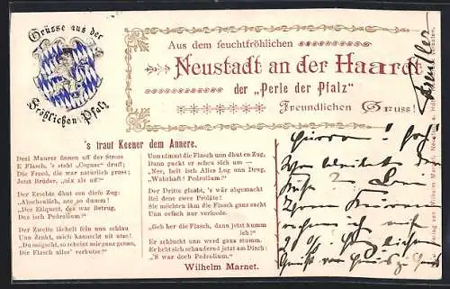 Lithographie Neustadt an der Haardt, `s traut Keener dem Annere, Wilhelm Marnet, Wappen