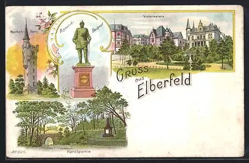 Lithographie Elberfeld, Villen am Victoriaplatz, Weyerbusch-Thurm, Bismarck-Denkmal
