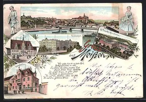 Lithographie Meissen, Gasthaus Burgkeller, Königliche Porzellan-Manufactur, Rathaus