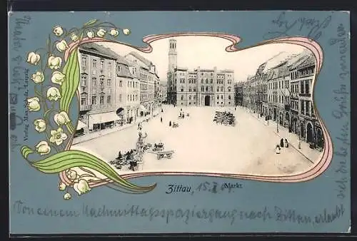 Lithographie Zittau, Markt mit Geschäften und Rathaus, Maiglöckchen, Passepartout