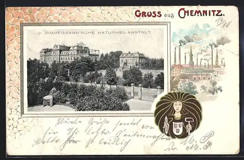 Lithographie Chemnitz, V. Zimmermann`sche Naturheilanstalt, Ortspartie, Wappen, Passepartout