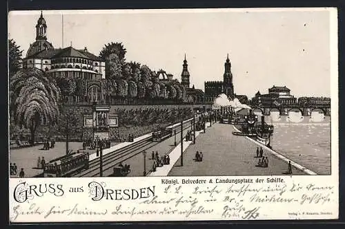 Lithographie Dresden, Königliches Belvedere & Landungsplatz der Schiffe mit Strassenbahn