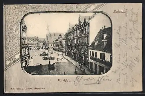 Lithographie Zwickau, Marktplatz, Passepartout