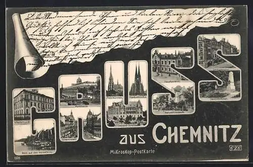 AK Chemnitz, Schriftzug Gruss mit Webschule, Naturheilanstalt und Claussdenkmal