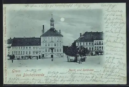 Mondschein-AK Bischofswerda, Markt und Rathaus
