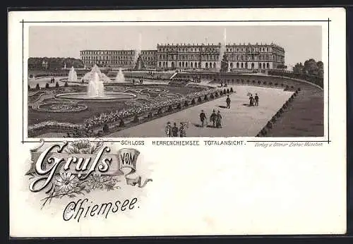 Lithographie Chiemsee, Schloss Herrenchiemsee, Totalansicht