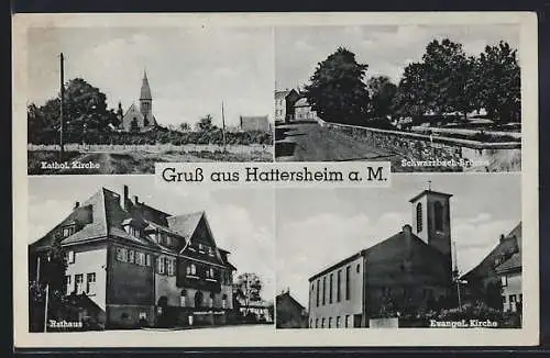 AK Hattersheim a. M., Katholische Kirche, Rathaus, Schwarzbach-Brücke