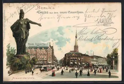 Lithographie Berlin, Menschen und eine Strassenbahn auf dem Alexanderplatz