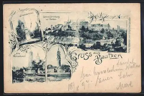 AK Bautzen, Schloss Ortenburg mit Seidau, Alte Wasserkunst, Siegesdenkmal