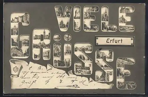AK Erfurt, Schriftzug Viele Grüsse mit Kirche, Denkmal und Ortspartie