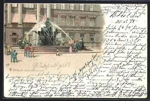 Lithographie Berlin, Schlossbrunnen mit Passanten