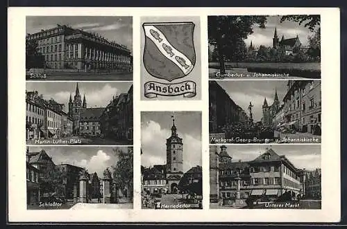 AK Ansbach, Schloss, Martin-Luther-Platz, Herriedertor und Wappen