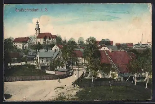 AK Grossröhrsdorf i. S., Ortsansicht mit Blick auf die Kirche