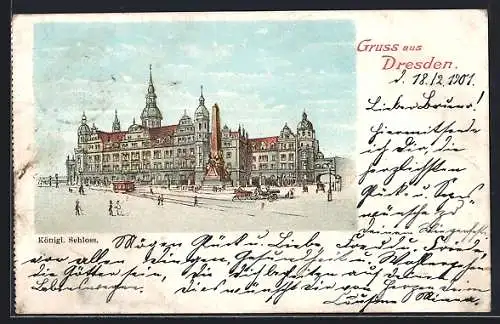 Lithographie Dresden, Königl. Schloss mit Strassenbahn