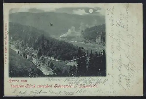 Mondschein-AK Eibenstock, Blick ins Tal