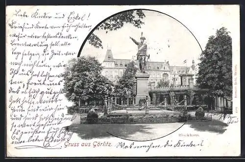 AK Görlitz, Blick auf das Blockhaus mit Denkmal