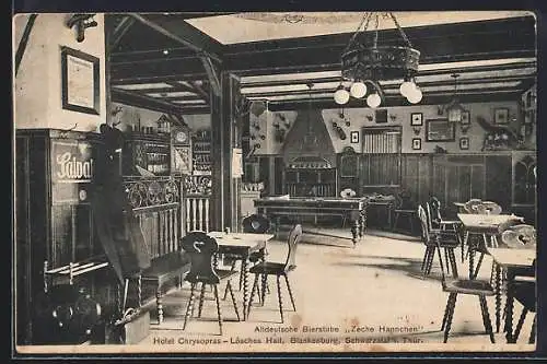AK Blankenburg, Schwarzatal i. Thür., Hotel Chrysopras-Lösches Hall, Gasthaus Altdeutsche Bierstube Zeche Hannchen