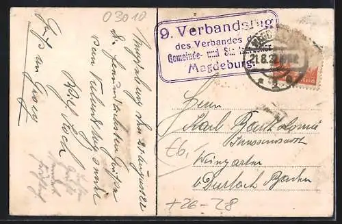 Steindruck-AK Magdeburg, Rathaus mit Strassenbahn