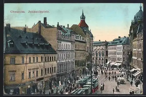 AK Chemnitz, Johannisplatz mit Geschäften und Strassenbahn