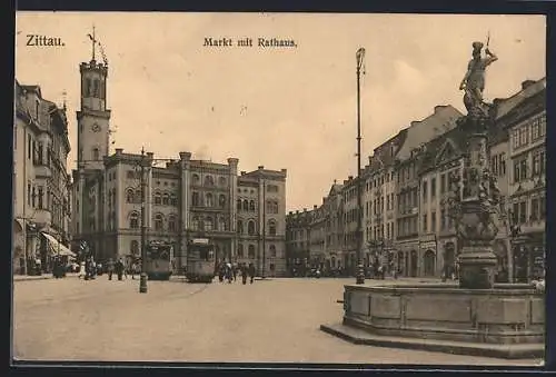 AK Zittau, Markt mit Geschäften, Rathaus und Strassenbahn