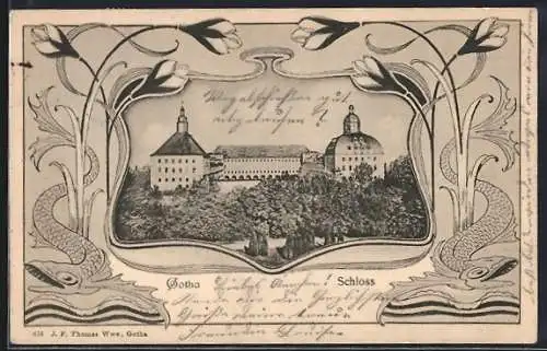 Lithographie Gotha, Schloss, Blumen mit Fischen, Passepartout