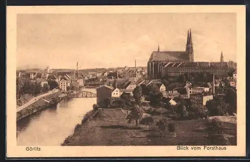 AK Görlitz, Blick vom Forsthaus mit Kirche