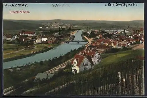 AK Untertürkheim, Flusspartie mit Blick auf den Ort