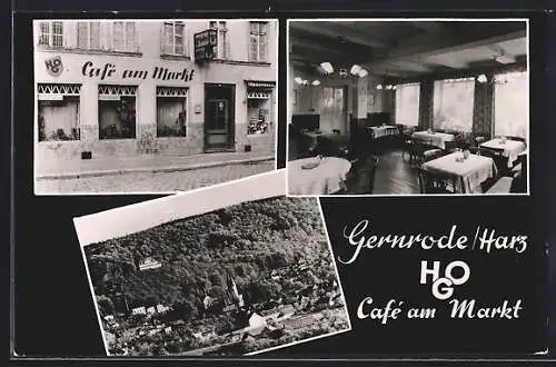 AK Gernrode /Harz, Cafe am Markt, Innen- und Aussenansicht