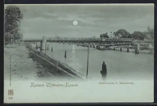 Mondschein-AK Rendsburg, Kaiser-Wilhelm-Kanal mit Drehbrücke