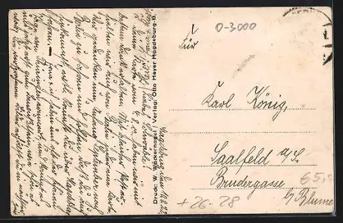 Steindruck-AK Magdeburg, Rathaus mit Strassenbahn