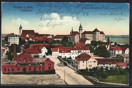 AK Torgau, Ansicht mit Stadtkirche und Schloss Hartenfels