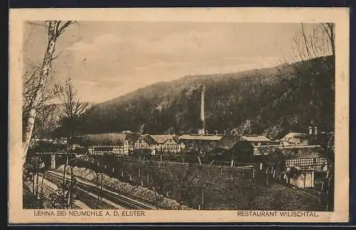 AK Lehna bei Neumühle, Ortsansicht mit Bahngleisen