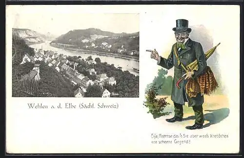 AK Wehlen a. d. Elbe, Flusspartie mit Blick auf den Ort