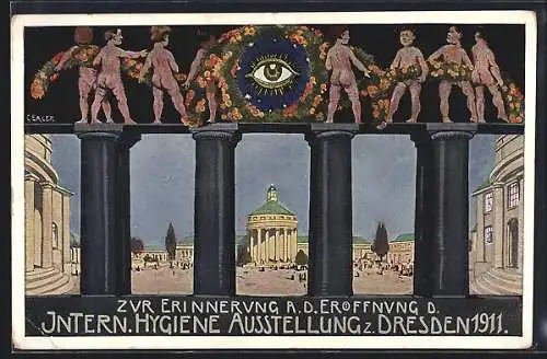 AK Dresden, Internationale Hygiene Ausstellung 1911, Blick durch Säulenanlage auf Pavillon