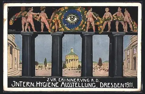 AK Dresden, Internationale Hygiene Ausstellung 1911, Blick durch Säulenanlage auf Pavillon