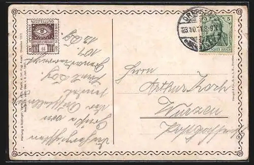 AK Dresden, Internationale Hygiene Ausstellung 1911, Blick durch Säulenanlage auf Pavillon